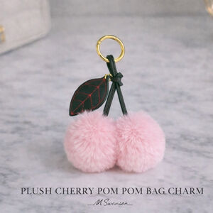 NEW Plush Cherry Pom Pom Bag Charm Keychain | Faux Fur | Light Pink